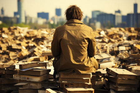 A man sitting on top of a pile of books. Generative AI image.の素材