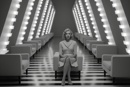 A black and white photo of a woman sitting on a chair. Generative AI image.の素材