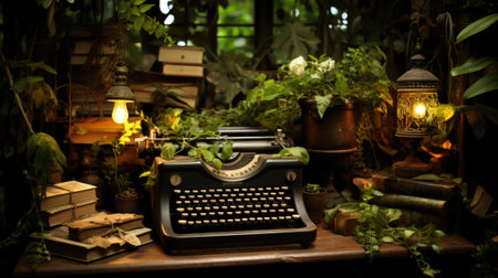 A typewriter sitting on top of a wooden table. Generative AI image.の素材