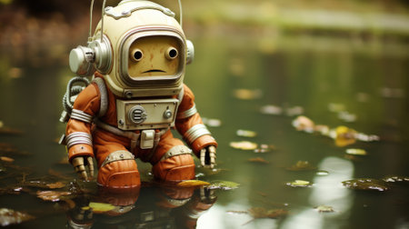 A toy astronaut floating in a pond of water. Generative AI image.の素材