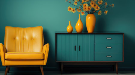 A yellow chair sitting next to a blue cabinet. Generative AI image.の素材