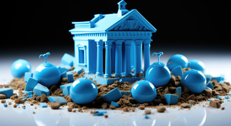 A small blue building surrounded by pieces of chocolate. Generative AI image.の素材