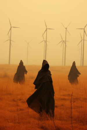A group of people standing in a field with wind turbines in the background. Generative AI image.の素材