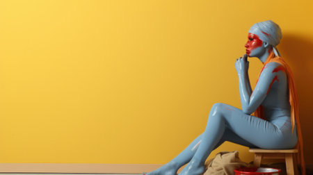 A woman in a blue bodysuit sitting on a chair. Generative AI image.の素材