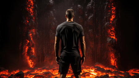 A man standing in front of a lava cave. Generative AI image.の素材