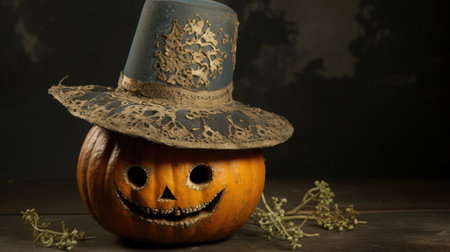 A pumpkin with a hat on top of it. Generative AI image.の素材
