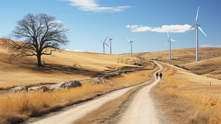 A couple of people walking down a dirt road. Generative AI image.の素材