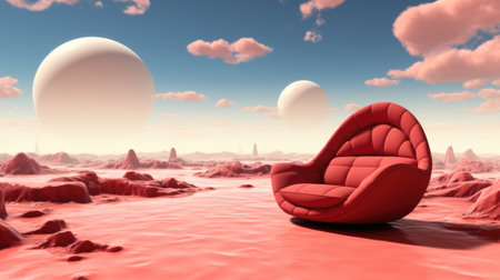 A red chair sitting on top of a sandy beach. Generative AI image.の素材