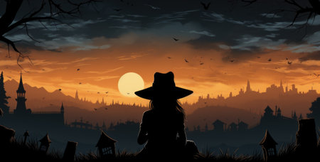 A silhouette of a person in a hat sitting on a hill. Generative AI image.の素材