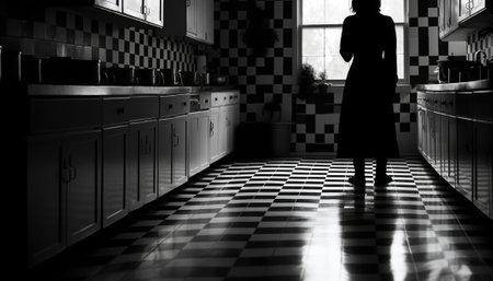 A silhouette of a woman standing in a kitchen. Generative AI image.の素材