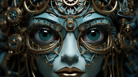 A close up of a womans face with gears on it. Generative AI image.の素材