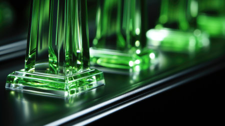 A row of green glass vases sitting on top of a counter. Generative AI image.の素材