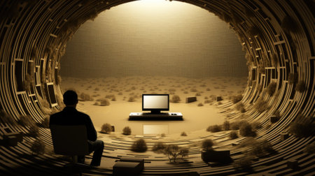 A man sitting in a chair in front of a computer. Generative AI image.の素材