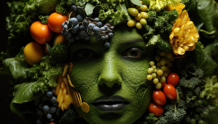 A woman with a green face covered in fruits and vegetables. Generative AI image.の素材