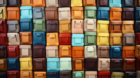 A wall of multicolored leather suitcases. Generative AI image.の素材