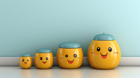 A group of three yellow canisters with faces on them. Generative AI image.の素材