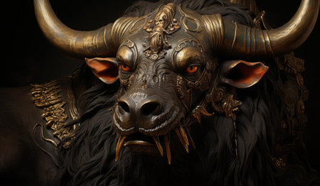 A close up of a statue of a bull with horns. Generative AI image.の素材