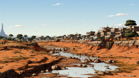 A painting of a river running through a desert area. Generative AI image.の素材