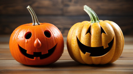 A couple of pumpkins sitting on top of a wooden table. Generative AI image.の素材
