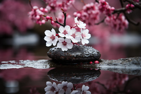 A rock with a flower on top of it. Generative AI image.の素材