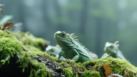 A green lizard sitting on top of a moss covered tree. Generative AI image.の素材