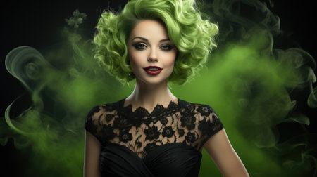 A woman with green hair and a black dress. Generative AI image.の素材