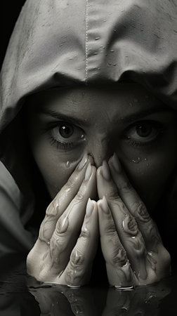 A woman covers her face with her hands. Generative AI image.の素材