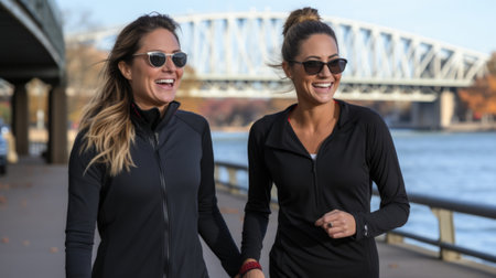 A couple of women walking down a sidewalk next to a river. Generative AI image.の素材