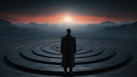 A man standing in front of a circular maze. Generative AI image.の素材