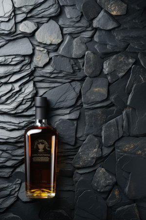 A bottle of whisky sitting on top of a stone wall. Generative AI image.の素材