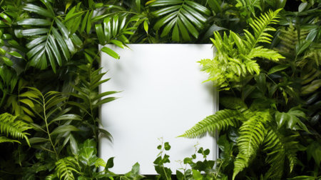 A white sign surrounded by green plants and leaves. Generative AI image.の素材