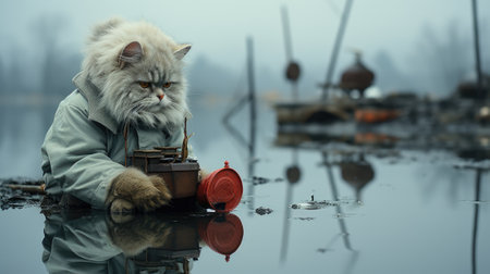 A cat in a raincoat holding a camera. Generative AI image.の素材