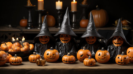 A group of halloween pumpkins sitting on top of a table. Generative AI image.の素材
