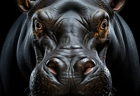 A close up of a hippo with a black background. Generative AI image.の素材
