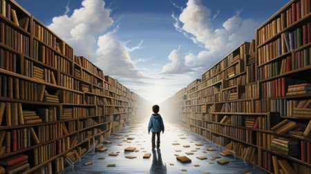 A person standing in a library with books on the floor. Generative AI image.の素材