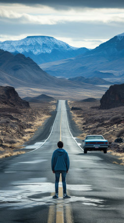 A man standing in the middle of a road. Generative AI image.の素材
