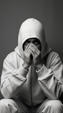 A man in a hoodie covers his face with his hands. Generative AI image.の素材