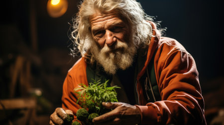 A man with a long beard holding a potted plant. Generative AI image.の素材