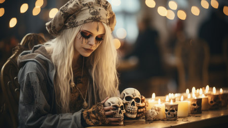 A woman sitting at a table with skulls and candles. Generative AI image.の素材