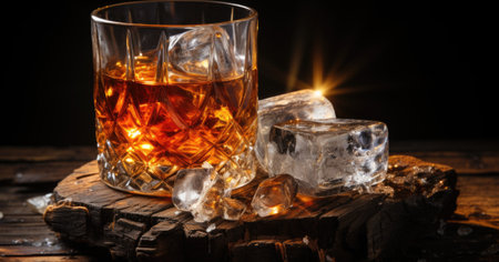 A glass of whiskey sitting on top of a piece of wood. Generative AI image.の素材