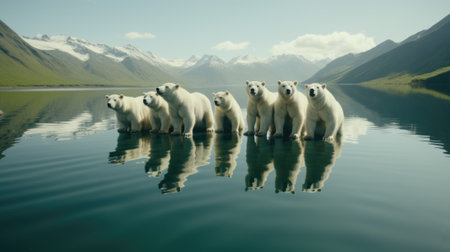 A group of polar bears standing in the water. Generative AI image.の素材