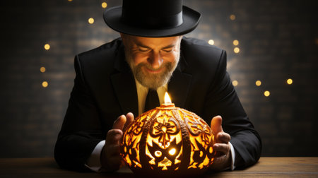 A man in a top hat holding a carved pumpkin. Generative AI image.の素材