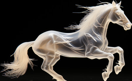 A white horse is galloping on a black background. Generative AI image.の素材