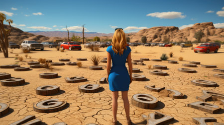 A woman in a blue dress standing in a desert. Generative AI image.の素材