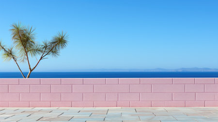 A pink wall with two palm trees in front of the ocean. Generative AI image.の素材