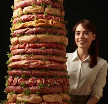 A woman standing next to a large stack of meat. Generative AI image.の素材