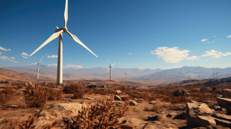 A group of wind turbines sitting on top of a dry grass covered field. Generative AI image.の素材