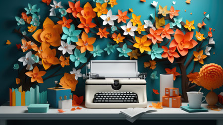 A typewriter sitting on top of a white table. Generative AI image.の素材