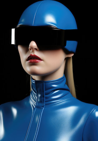 A close up of a woman wearing a blue latex suit. Generative AI image.の素材