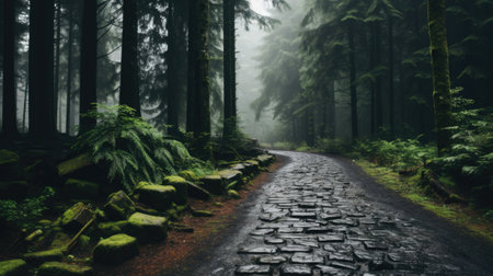 A cobblestone road in the middle of a forest. Generative AI image.の素材